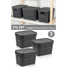 Meleni Home 3'lü Kapaklı Delikli Dekoratif Piramit Saklama Kutusu - Dolap Düzenleyici Organizer 5 Lt Antrasit