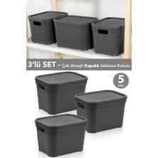 Meleni Home 3 Adet Kapaklı Dekoratif Piramit Saklama Kutusu - Dolap Düzenleyici Organizer Kutu 5 Litre Antrasit