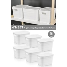 Meleni Home 6 Adet Kapaklı Dekoratif Piramit Saklama Kutusu - Dolap Düzenleyici Organizer Kutu 5 Litre Beyaz