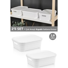 Meleni Home 2 Adet Kapaklı Dekoratif Piramit Saklama Kutusu - Dolap Düzenleyici Organizer Kutu 2,8 Litre Beyaz