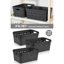 Meleni Home 3'lü Delikli Dekoratif Piramit Saklama Kutusu - Dolap Düzenleyici Organizer Kutu 10,8 Lt Antrasit