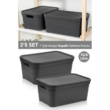 Meleni Home 2 Adet Kapaklı Dekoratif Piramit Saklama Kutusu - Dolap Düzenleyici Organizer 10,8 Litre Antrasit