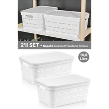 Meleni Home 2'li Kapaklı Delikli Dekoratif Piramit Saklama Kutusu - Dolap Düzenleyici Organizer 10,8 Lt Beyaz