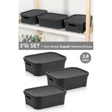 Meleni Home 3 Adet Kapaklı Dekoratif Piramit Saklama Kutusu - Dolap Düzenleyici Organizer 2,8 Litre Antrasit
