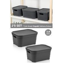 Meleni Home 2 Adet Kapaklı Dekoratif Piramit Saklama Kutusu - Dolap Düzenleyici Organizer 3,8 Litre Antrasit