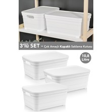 Meleni Home 3 Adet Kapaklı Dekoratif Piramit Saklama Kutusu - Dolap Düzenleyici Organizer Kutu 10,8 Litre Beyaz