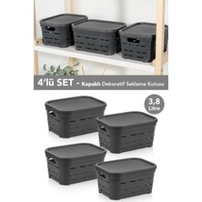 Meleni Home 4'lü Kapaklı Delikli Dekoratif Piramit Saklama Kutusu - Dolap Düzenleyici Organizer 3,8 Lt Antrasit