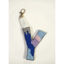 El Emeği Y Harfi Punch Nakışı Anahtarlık Mavi Lila Pembe Renkli El Yapımı