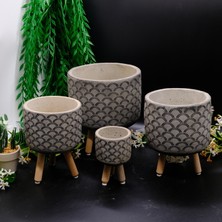 BGG Dalga Desenli Dekoratif Ahşap Ayaklı Beton Saksı Seti