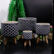 BGG Dalga Desenli Dekoratif Ahşap Ayaklı Beton Saksı Seti