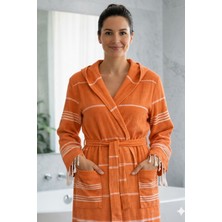 Luna %100 Pamuk Peştemal Bornoz Kapüşonlu Unisex- Turuncu