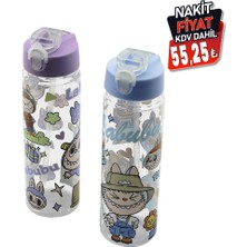 Go İthalat Labubu Çocuk Çizgi Film Karakter Resimli Su Matarası Şeffaf Plastik Pipetli Kilitli Kapak