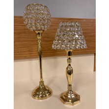Plus Home Mumluk Şamdan 2'li Pirinç Altın Kristal Taşlı El Yapımı Yükseklikleri 37 ve 31 cm
