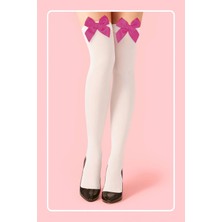 Starseven Fuşya Fiyonklu Beyaz Jartiyer Çorabı TM1379