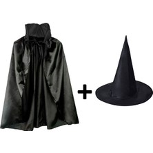 Starseven Siyah Yakalı Pelerin ve Siyah Cadı Şapkası Seti Çocuk Boy