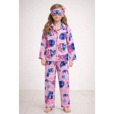 Pistyle Kız Çocuk Stitch Desenli Uyku Bantlı Pembe Mor Uzun Kollu Pijama Takımı