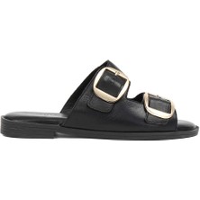 Celal Gültekin Kadın Siyah Çift Tokalı Deri Terlik