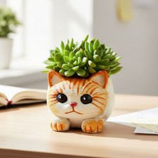 Uretti - Hülya 6683 8702 El Yapımı Turuncu Polyester Mini Kedi Figürlü Dekoratif Saksı - 8 cm