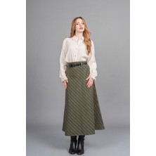 MissVina Premium Çizgili Kaşe Etek – Kemer Detaylı, Düz Bel, Modern Kesim 6853