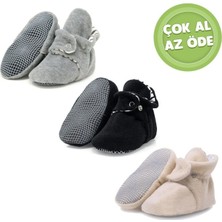 Ella Bonna Kaydırmaz Taban, Organik %100 Pamuk Astarlı , Bebek Panduf , 3'lü Ekonomik Paket (Bej-Siyah-Gri)