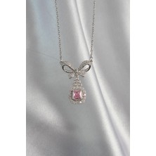 Stainles Steel 316L Çelik Gümüş Renk Fiyonk Detay Pembe Zirkon Taşlı Tektaş Kolye