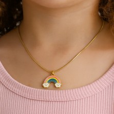 MiraveLux 925 Ayar Gümüş Zincirli Gökkuşağı Figürlü Mine Detaylı Altın Kaplama Kadın Kolye