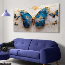 Evine Moda Gold Detaylı Mavi Kelebekler Tek Parça Kanvas - Canvas Tablo