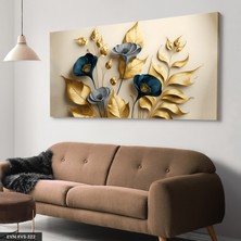 Evine Moda Zarif Altın ve Mavi Çiçekler ile Dallar Tek Parça Kanvas - Canvas Tablo