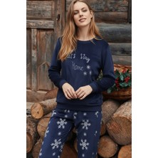 Dofi Kadın 1730 Kışlık Süper Soft Yeni Yıl Pijama Takımı - Lacivert / KIRMIZI