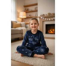 Dofi Kız Çocuk 1731 Süper Soft Kışlık Yılbaşı Yıldız Temalı Pijama Takımı - Lacivert