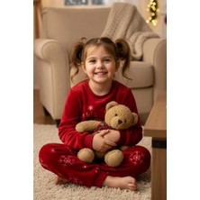 Dofi Kids Kız Çocuk 1731 Süper Soft Kışlık Yılbaşı Yıldız Temalı Pijama Takımı - Kırmızı