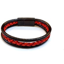 Herşey Nota Crimson Double Braid – Kırmızı Örgü Detaylı Siyah Deri Erkek BILEKLIK-1423