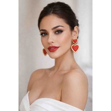 Myth Atelier Royal Crimson Gold Kenarlı Ikili Kırmızı Kalp Küpe - Gösterişli, Sevgililer Günü, Hediye