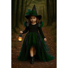 Shecco Babba Kız Çocuk Yeşil Tüllü Cadı Kostümü–deri Detaylı Cadı Elbisesi&şapkalı Halloween Partisi Kıyafeti