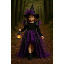 Shecco Babba Kız Çocuk Mor Tüllü Siyah Cadı Kostümü–deri Detaylı Cadı Elbisesi&şapkalı Halloween Partisi Kıyafeti