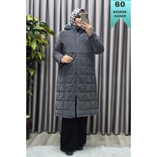 Elmas Tesettür Kadın Giyim Büyük Beden Fransız Boy Nova Kumaş Kapitone Desenli Kapüşonlu Kürklü Kışlık Uzun Şişme Mont