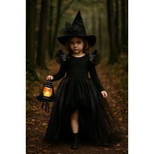 Shecco Babba Kız Çocuk Tüllü Siyah Cadı Kostümü–deri Detaylı Cadı Elbisesi&şapkalı Halloween Partisi Kıyafeti