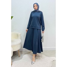 Tesettür Diyarı Taşlı Lavendi Modal Kumaş Etekli Tesettür Takım - Füme