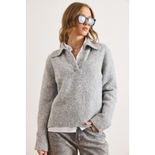 Tena Kadın Gri Yakası Düğmeli Basic Triko Kazak