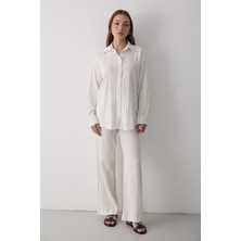 Jaste Kadın Oversize Keten Gömlek & Pantolon Takım Bağcıklı EKRU