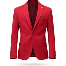 Plus Scorpion Erkek Kırmızı Armürlü Kumaş Blazer Ceket – Tek Düğmeli, Mono Yaka, Çift Yırtmaçlı Slim Fit
