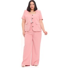 Disentis Modest Büyük Beden Kısa Kollu U Yaka Pudra Ceket Pantolon Ikili Takım