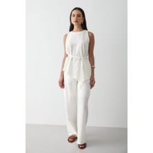 Jaste Kadın Keten Bisiklet Yaka Yelekli Kuşaklı Pantolon Takım EKRU