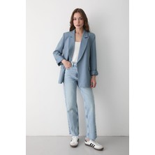 Jaste Kadın Çizgili İçi Astarlı Kol Detaylı Blazer Ceket MAVİ