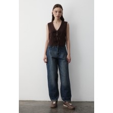 Jaste Kadın Lacivert Yüksek Bel Geniş Paça Çizgi Detaylı Arkası Kemerli Jean Pantolon LACİVERT