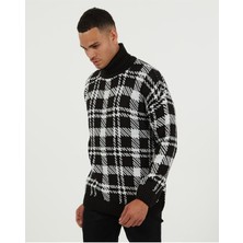 Elku Moda Oversize Balıkçıyaka Kazak Pamuklu Ekose Desenli Salaş Kesim Boğazlı Triko