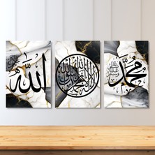 Artarilion Dikey 3'lü Kanvas Tablo Allah Kelime-I Şahadet Hz. Muhammed Mermer Görünümlü Dini Salon Tablosu