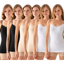 Olizza Kadın Dantel Detaylı Ince Askılı Atlet 6’lı Paket – Siyah, Ten, Beyaz (Her Renk 2 Adet)