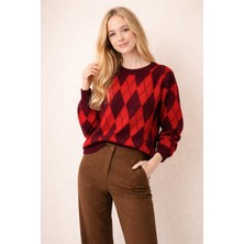 Sibel Günay Butik Renkli Baklava Desenli Triko Kazak