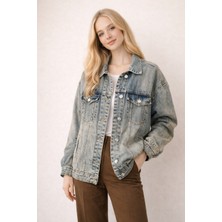 Sibel Günay Butik Eskitme Yıkamalı Uzun Kot Kadın Ceket